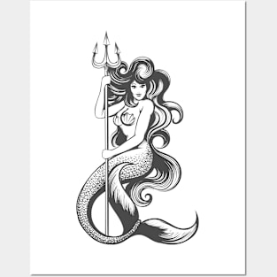 Beautiful Mermaid With Trident Posters and Art